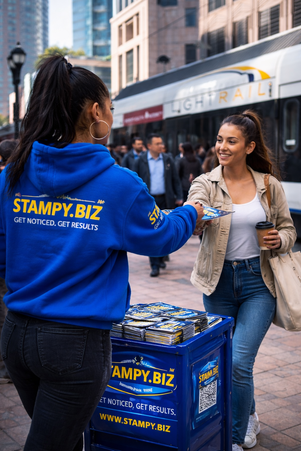 Flyer hand-off in busy corridor