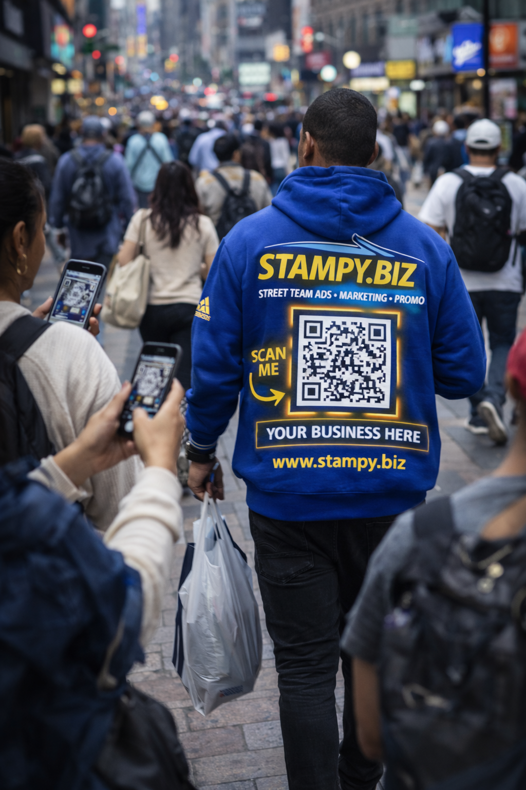 Human build board (QR/URL hoodie) in action